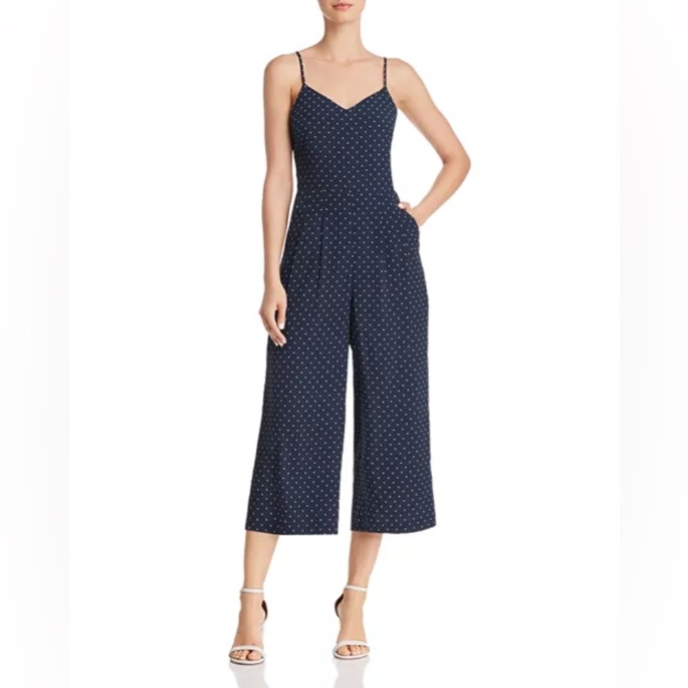 J.O.A. Lace Up Back Wide Leg Jumpsuit in Navy Dot Small